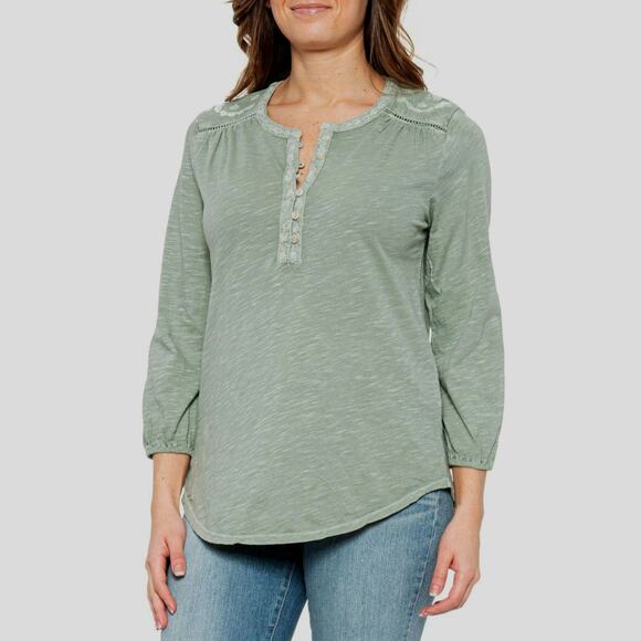 Lucky Brand Tops - Lucky Brand Embroidered Henley Peasant Top Long Sleeve Split V-Neck Sz XL Green
